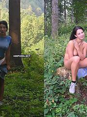 Wifey of forester posing naked in the woods, showing sweet pussy and taking half of fir-cone into vagina - amateur sex photos