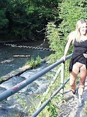 European blond nymph walking with no panties dressed in park, flashing pussy upskirt, showing ass for seducer and then coming back home to bang passionately - amateur porn photos
