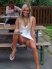 Naughty girls next-door wear no panties underskirt on summer days and enjoy to flash their nude vaginal cracks in public and at home