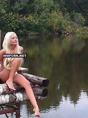 Sweet light haired gf posing partially nude at the forest lake.., enjoy her sweet face, long natural light haired hair, fine round ass, long hot legs, hot red painted toes and more