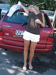 Cheerful curly blond from Germany flashing cunt up-skirt and penetrating on the car hood outdoors, see her posing nude and penetrating at home later