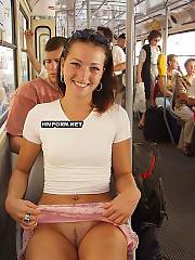 Cheerful nasty nymphs and too horny mature women showing their exciting looking naked vaginas upskirt at various unexpected public places