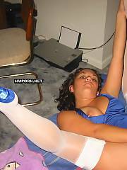Home made xxx - curly gf wears blue dress and white sexy stockings to tease seducer to bang her hard at home, watch her riding his cock and making him cum deep in her pussy