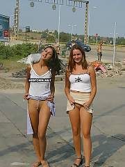 Sweet exhibitionist gals weared no panties and sloppy to walk in public, see them flashing nude pussies up-skirt at different public places