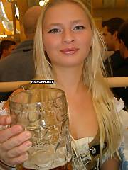 Lovely light haired girl from Germany is a real waitress at the October festival party, She was picked up by some foreigner and seduced to have amateur porn at his place, see her lovely naked pics posing on bed