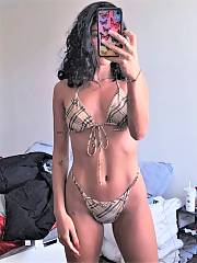Cameltoe selfies of lovely blackhaired Persian bikini nymph with hot slender body
