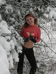 Red-haired wifey going bad, posing naked outside in winter and taking prick up her ass during rectal sex games at home - home made sex pictures