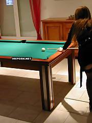 Big ass mom mistress plays billard and spreading legs to show her cunt on the billiard table
