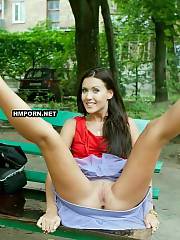 Pretty russian tall black haired going nasty in the yard of her condo, she showed her long sexy legs and of course naked vagina upskirt